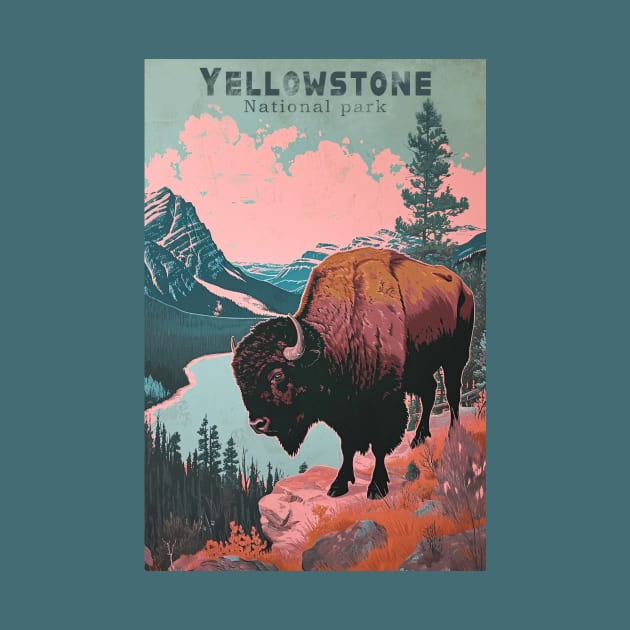 Yellowstone National Park Buffalo Vintage Travel Poster by GreenMary Design