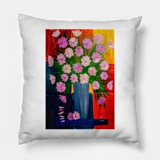 Mixed flowers in blue and silver vase on a colorful tiles background Pillow