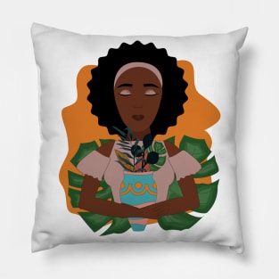 Cute African girl loves the nature and plants holding a vase of different leaves Pillow