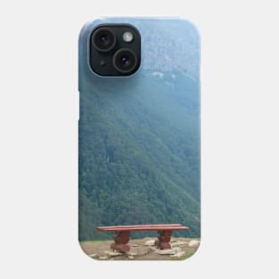 Two wooden benches with a view of beautiful mountain Phone Case