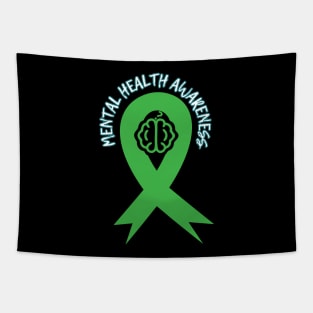 Mental Health Awareness Green Ribbon Brain Question Mark Tapestry