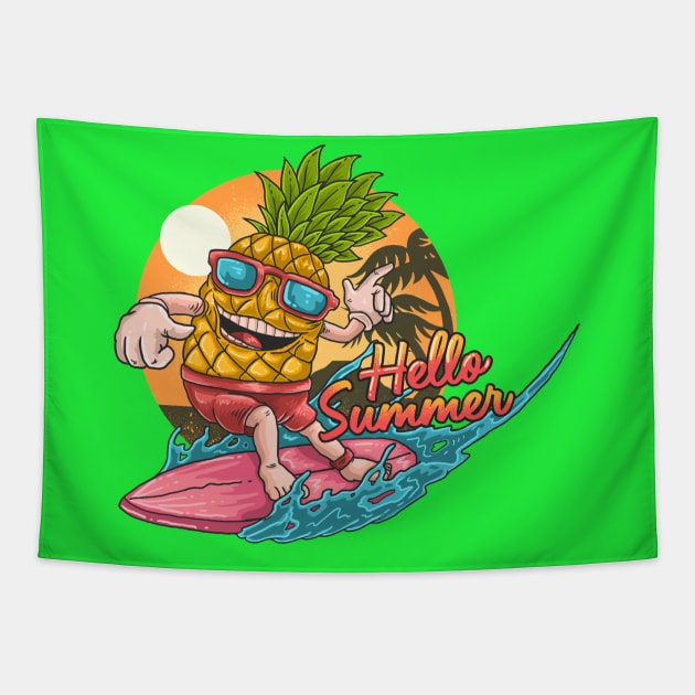 Summer Pineapple Tropical Beach Surfing Tapestry by Emart