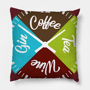 Funny Drinks Clock Coffee Tea Wine Gin Drinking Gourmet Gift Pillow