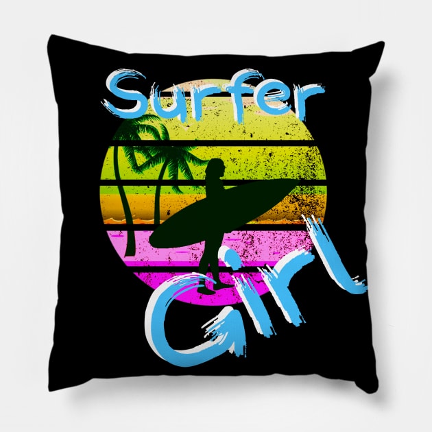 Surfer Girl Surfing Gift for Girls Surfboard 80s Retro Surf Pillow by Bezra