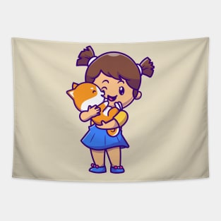 Cute Girl Hug Shiba Inu Dog Cartoon Tapestry