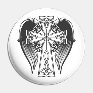 Cross in celtic style with big wings tattoo in engraving style. Pin