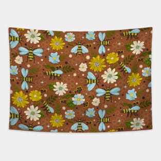 Blooming Flowers and Bees on Brown Tapestry