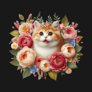 Cheerful Cute Cat's Floral Adventure: A Playful Companion Among Blossoms T-Shirt