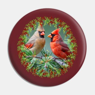 Red Cardinals Holly Berries & Pine Christmas Pin