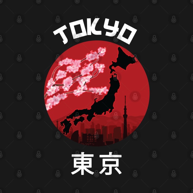 Tokyo Japan Kanji with City Skyline and Cherry Blossoms by Moon Phase Design