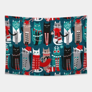 Feline Christmas vibes // pattern // dark teal background grey mint white brown and black kittens Tapestry