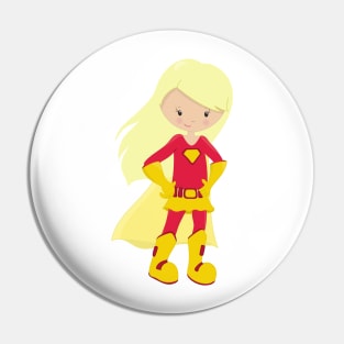 Superhero Girl, Blonde Hair, Hero, Red Costume Pin