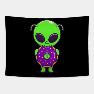 Cute Alien Eating Doughnut Cartoon Tapestry