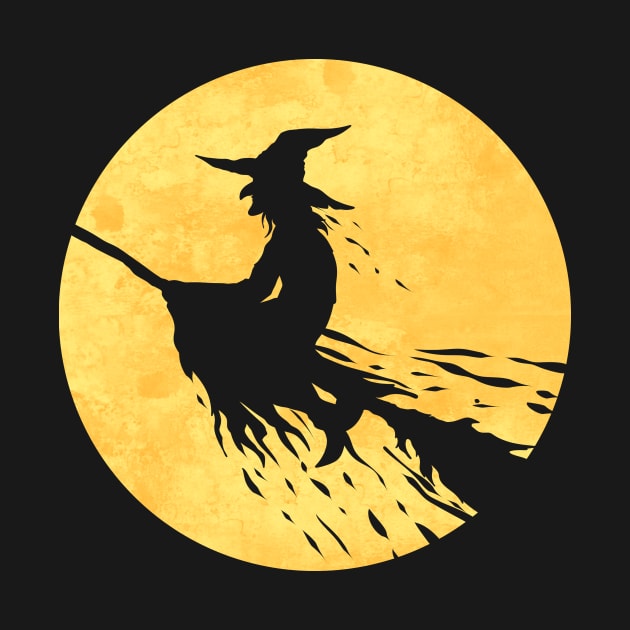 Witch On A Broom Flying In Front Of The Moon On Halloween by SinBle