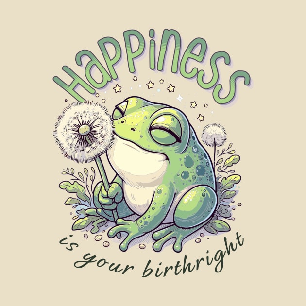 Dandelion Frog With the Motivational Words "Happiness Is Your Birthright" by Quirk Print Studios 