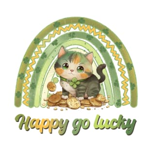 Retro st patrick green rainbow - Happy go lucky cat T-Shirt