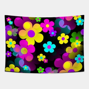 60's Retro Mod Small Flowers Multi on Black Tapestry