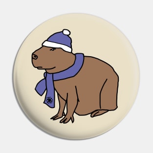 Winter Capybara Wearing Blue Hat and Scarf Pin