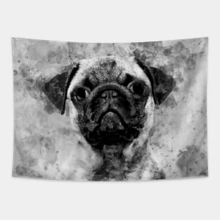 Pug Dog Watercolor Portrait black and white 01 Tapestry