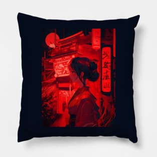 Red neon Japanese girl Pillow