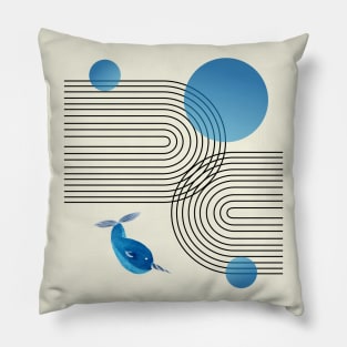 Stripes, Narwhal and Blue Circles Composition (Rainbow and Sun Abstraction) Pillow