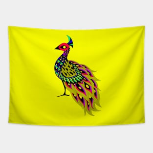 yellow amazing peacock pavo real ecopop in mexican totonac art pattern Tapestry