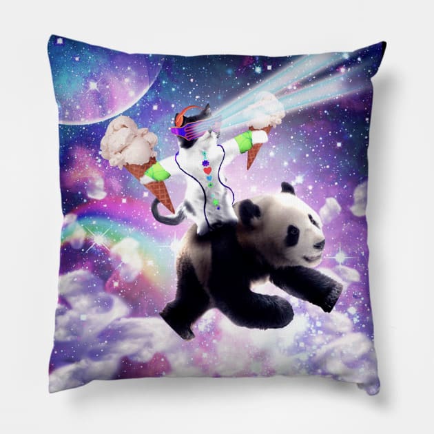 Lazer Rave Space Cat Riding Panda With Ice Cream Pillow by Random Galaxy