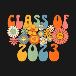 Class Of 2023 Senior 23 Grad Retro Groovy Hippie Face Flower T-Shirt