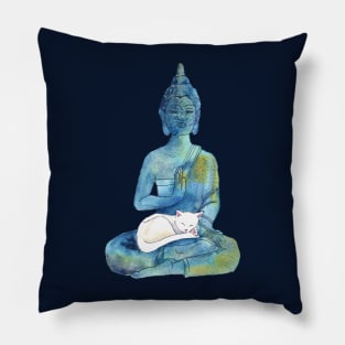 Watercolor Meditating Zen Buddha Statue with Sleepy Cat Pillow