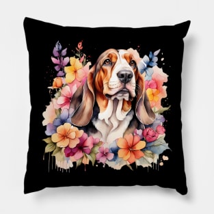 A basset hound decorated with beautiful watercolor flowers Pillow