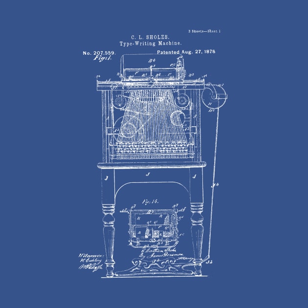 Typewriter Patent Blueprint Sholes by Rebus28