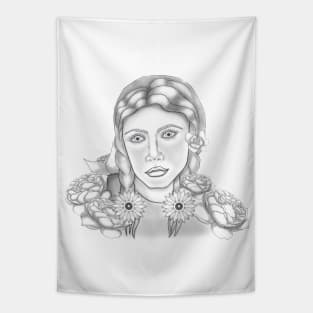 Sketch Girl with peonies, line, black and white,portrait Tapestry