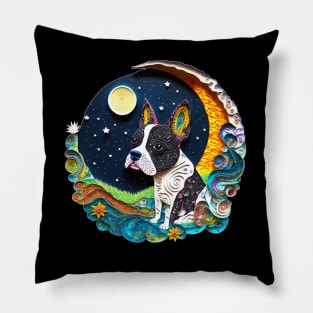 Boston Terrier Dog in Space Crescent Moon Planets Stars Cute Pillow