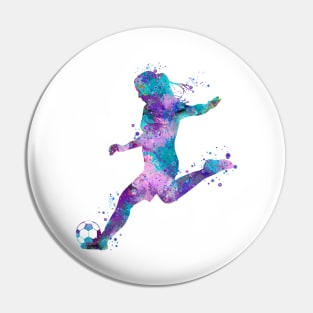 Dynamic Watercolor Soccer Girl Player Art - Vibrant Sports Illustration Pin