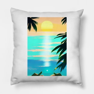 Summer Sunset Palm Tree Beach Ocean Artistic Paradise Pillow