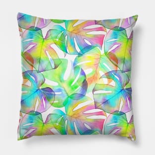 Rainbow Translucent Monstera leaves watercolor print. Exotic tropical transparent leaf. Summer beach Pillow