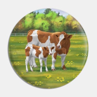 Guernsey Cow and Cute Calf in Summer Pasture Pin