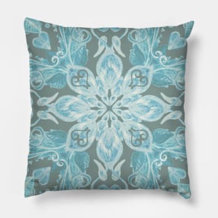 Soft Teal Blue & Grey hand drawn floral pattern Pillow