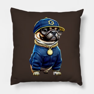 Cool Pug in Denim and Bling - Adorable Pug Wearing Hip Hop Style Clothing Pillow