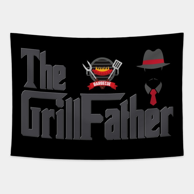 The Grill Father, BBQ, Barbecue, Cook, Meat, Steak, Propane Tank, Grill, Food, Mafia, The GrillFather, Funny Foodie, Foodie, Fathers Day Gift, Grilling. Tapestry by DESIGN SPOTLIGHT