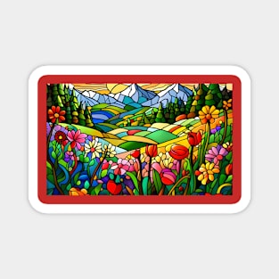 Stained Glass Colorful Mountain Meadow Magnet