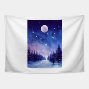 Winter landscape with pink moon - watercolor Tapestry