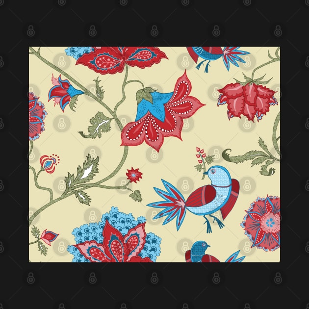 Exotic chintz with bird - beige / multicolor by kobyakov