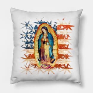 Our Lady of Guadalupe Mexican Virgin Mary USA United States Flag Mexico Catholic Pillow