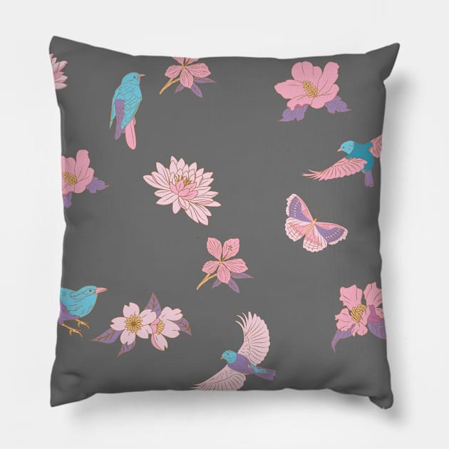 Flowers and birds 1 Pillow by Tatiana