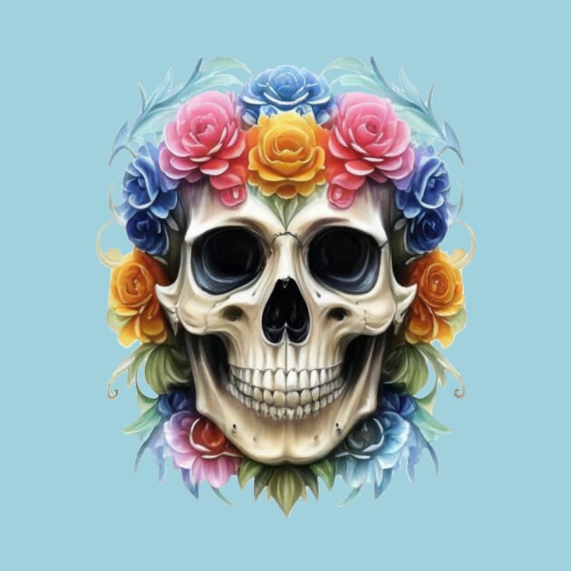 Skull head with flowers colourful by byNIKA