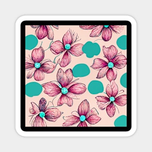 Vintage looking wallpaper with turquoise and pink flowers and blobs. Magnet