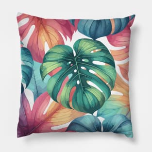 Colorful Monstera Tropical Leaves Pillow