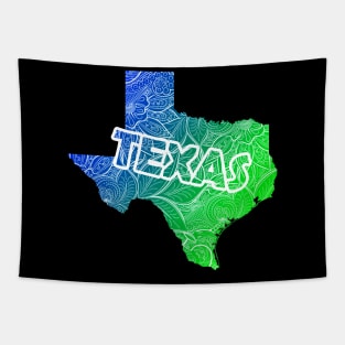 Colorful mandala art map of Texas with text in blue and green Tapestry