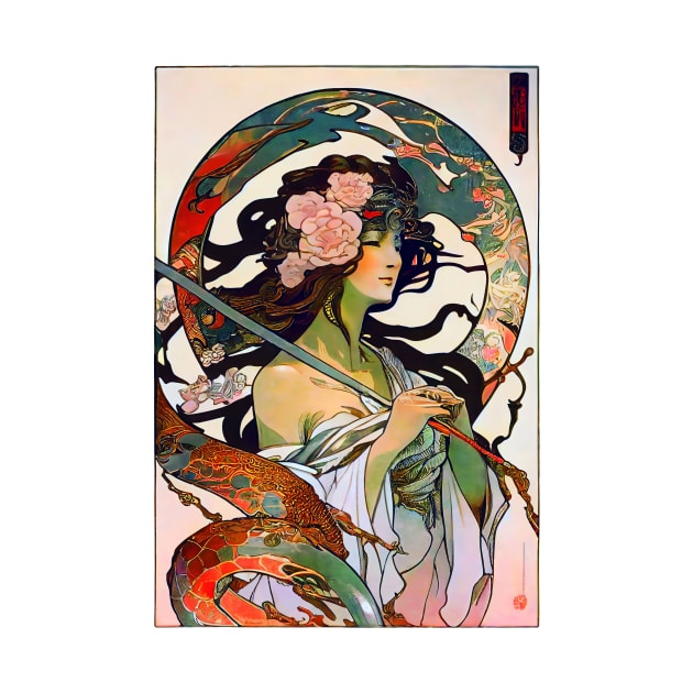 Japanese Vintage Art Nouveau Dragon Lady Priestess by entwithanaxe